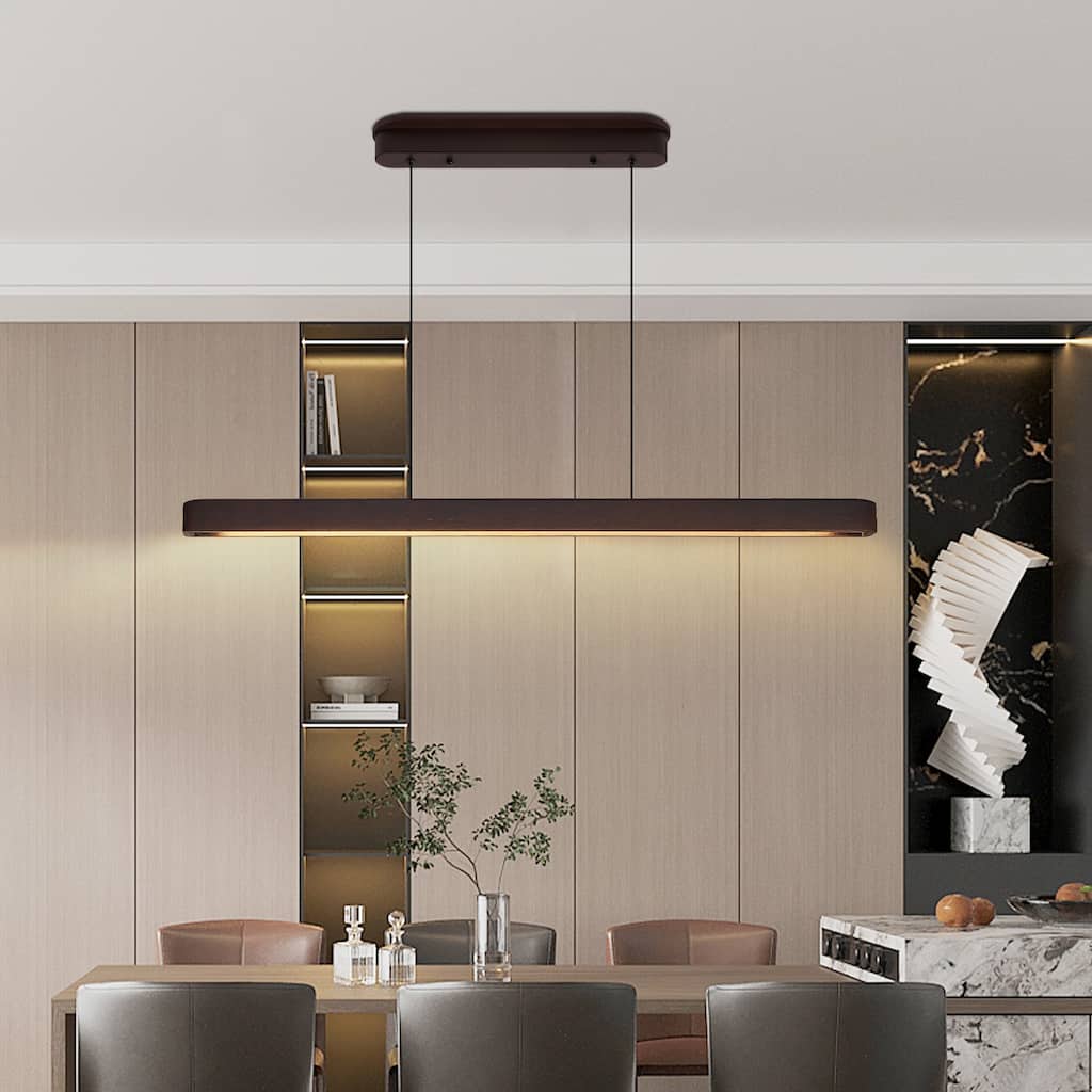 39-inch Walnut Wood Modern LED Pendant Light, Adjustable Hanging Light for Dining Room, Kitchen, Living Room
