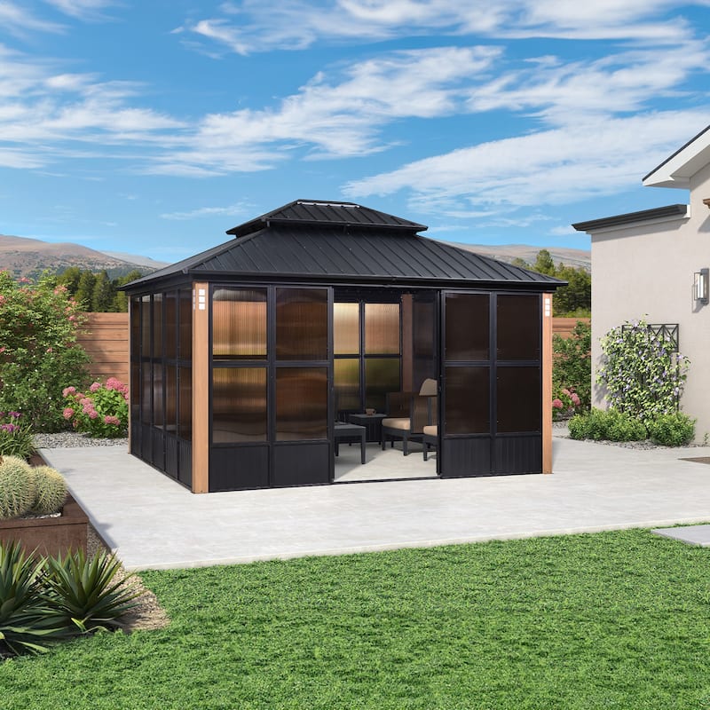 PURPLE LEAF Double Top Outdoor Sunroom Screen House Patio Hardtop Gazebo - 12' x 14' - Black