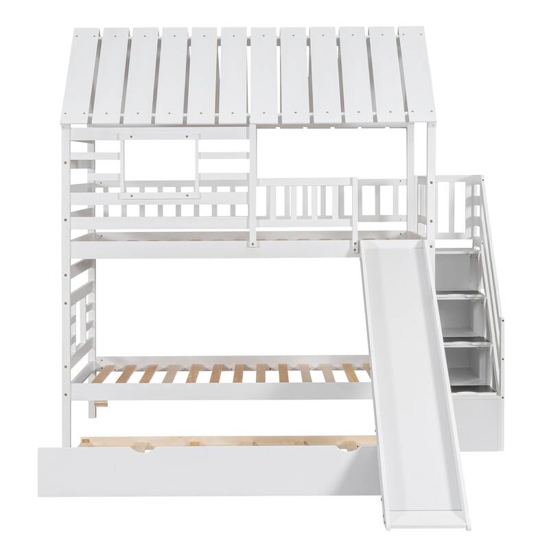 Roomfitters Twin Over Twin House Bunk Bed with Slide, Trundle and Storage Staircase