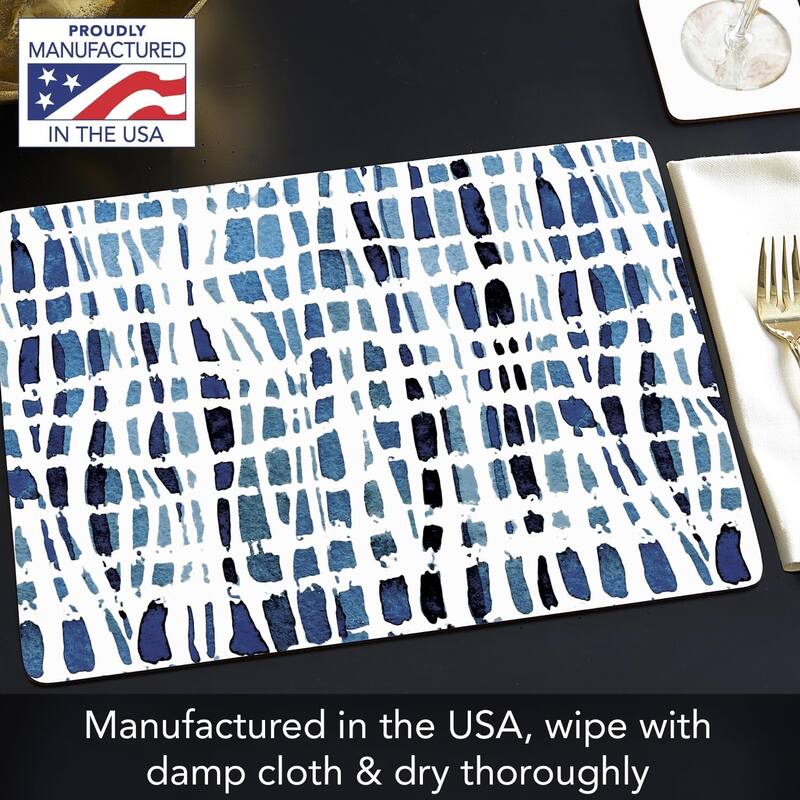 Indigo Wavy Lines Decorative Hardboard Placemats with Protective Cork Backing 4 Pack Heat Tolerant and Easily Wipes Clean