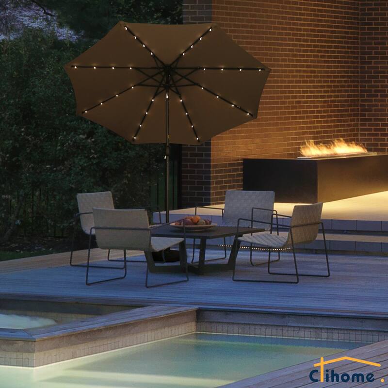 Clihome 9-Ft Outdoor 32 LED Solar Market Umbrella with Tilt & Crank