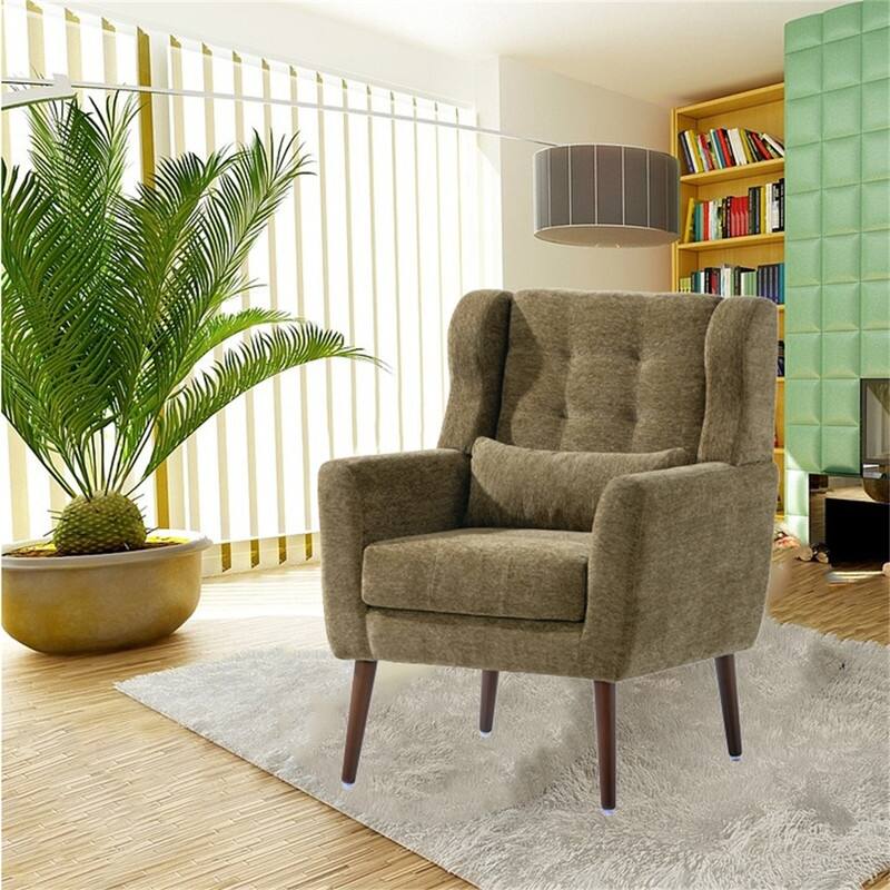 Modern Chenille Upholstered Armchair with Pillow and Solid Wood Leg - Olive