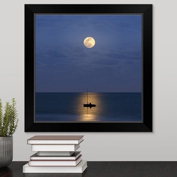 "Silhouette sailboat with moon" Black Framed Print