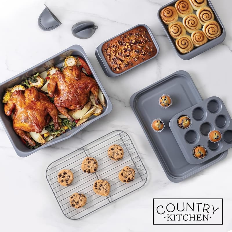 Country Kitchen 8-Piece Bakeware Set, Nonstick Baking Pans & Nesting Baking Sheets, Durable Steel, Grey
