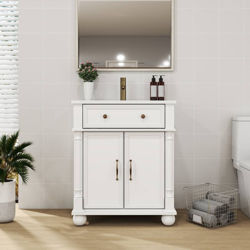 27.8-Inch Mid-Century Bathroom Vanity Sink with Roman Column Base, Farmhouse Freestanding Storage Cabinet