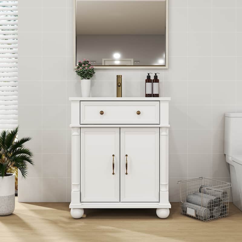 28"/36" Bathroom Vanity with Sink, Integrated Ceramic Basin Vanity Cabinet with Roman Column Base, Solid Wood Frame