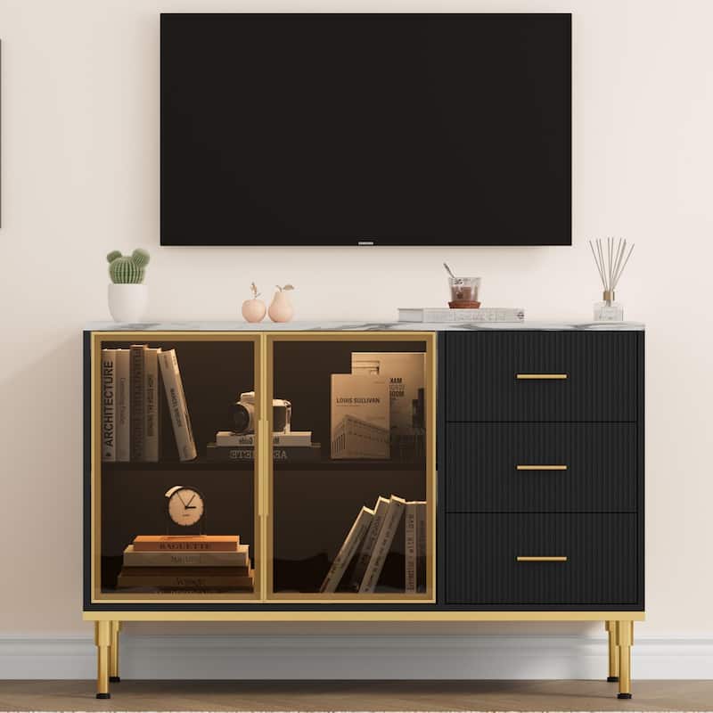 Fluted Sideboards Buffets Cabinet with Glass Doors, 3 Drawers, Marble Top Kitchen Sideboard Cabinet