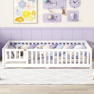 Full Size Bed Floor Bed with Safety Guardrails and Door for Kids