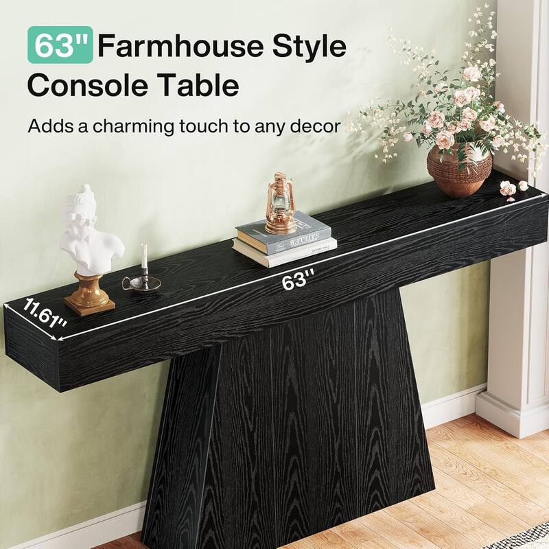 63" Narrow Long Console Table, Farmhouse Entryway Table with Trapezoidal Base - 63" L x 11.6" W x 35.4" H