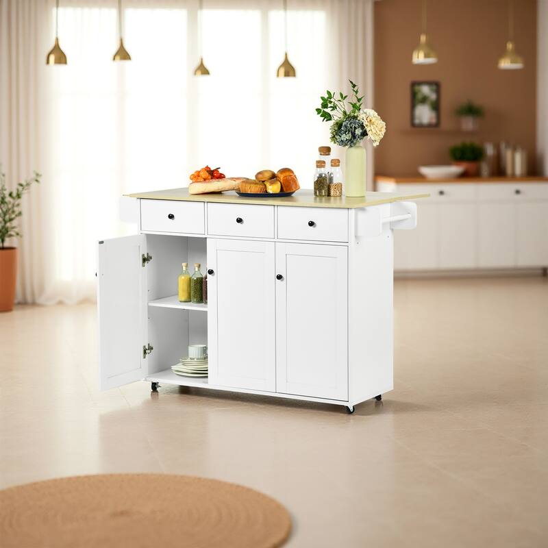 Homy Casa Oak White Kitchen Cabinet with Casters, 3 Drawers & 3 Doors