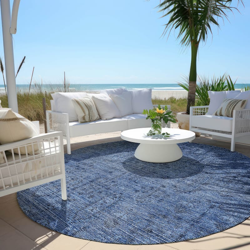 Machine Washable Indoor/ Outdoor Chantille Distressed Traditional Rug - Navy - 8' x 8'