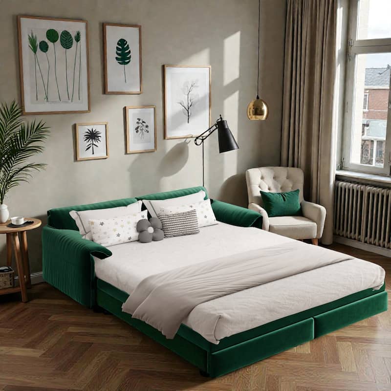 66" Pull Out Sofa Bed, 3-in-1 Convertible Queen Sleeper Sofa with Side Storage, Velvet Loveseat for Living Room Apartment