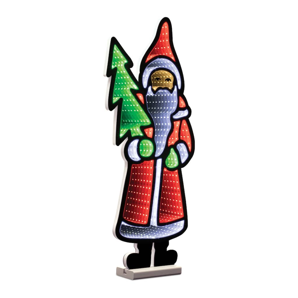 Acrylic Plastic Santa with Pine Tree and Infinity Light Effect - 9.25” x 2.75” x 23.5” (L x W x H)