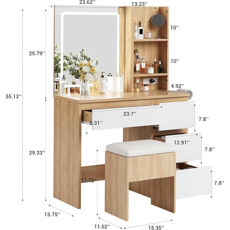 Vanity Desk with Mirror and Lights,Makeup Dressing Table with Outlets and 4 Drawers