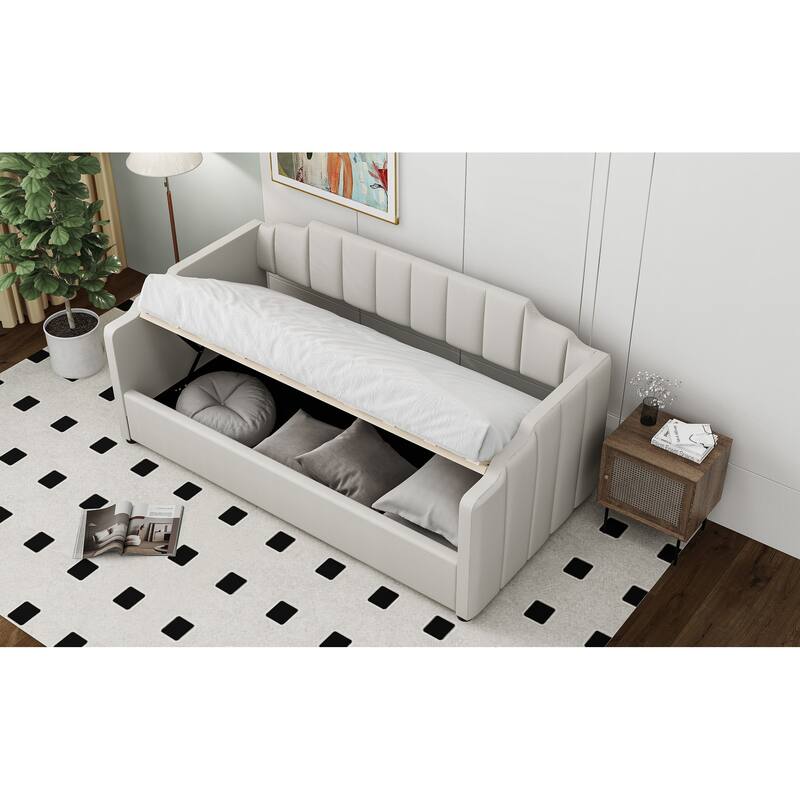 Modern Twin Size Platform Bed Frame with Underneath Storage and Wood Slatted Support Upholstered Daybed, Beige