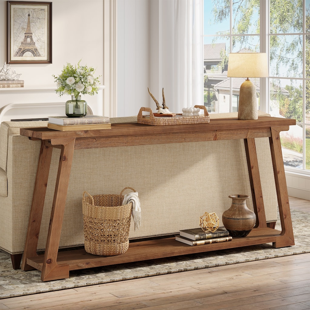 2-Tier Narrow Solid Wood Sofa Table For Entryway