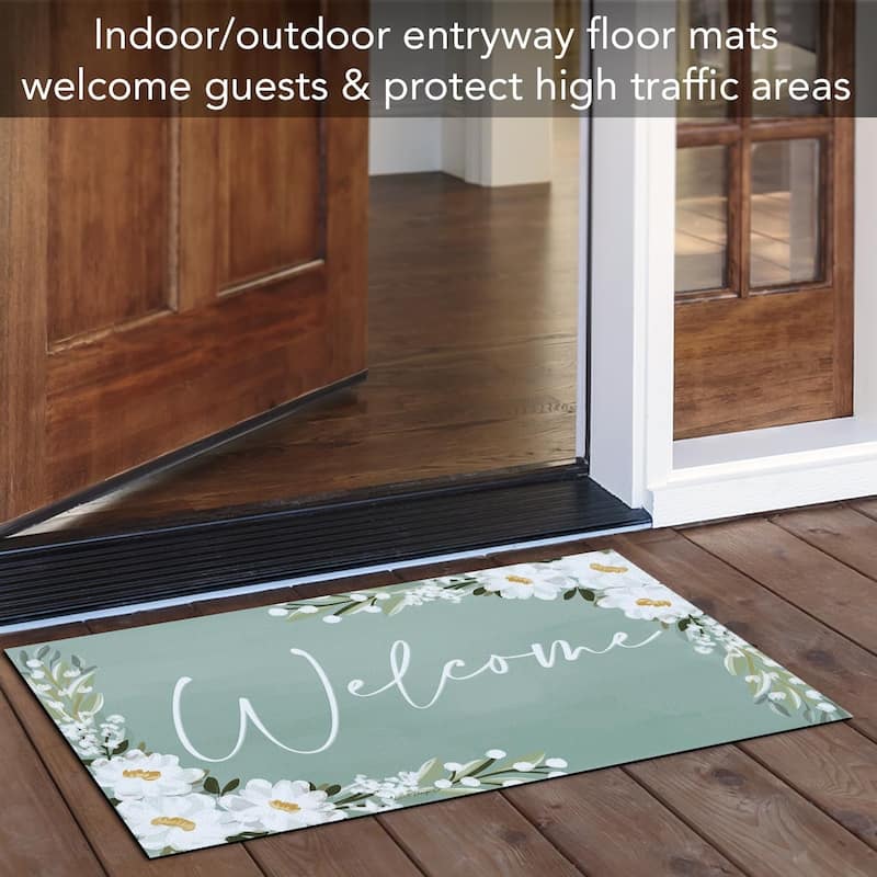 Floral Welcome Indoor/Outdoor Entryway Floor Mat Made in The USA Low Profile, Non-Skid Rubber Backing, 29.5" by 17.75" - 2' x 3'