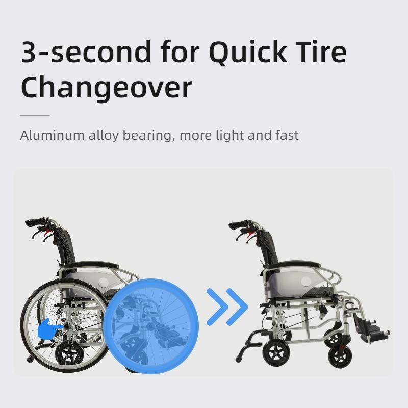 Aluminum alloy multi-function wheelchair. Unique 6 tire design. Quickly switch between self-use and companion mode
