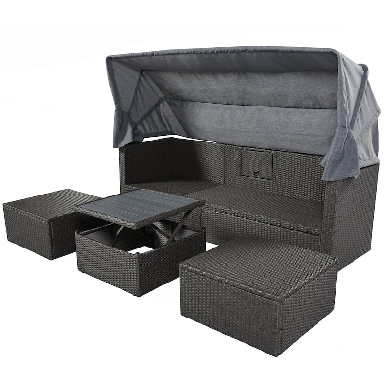 4-Piece Outdoor Wicker Sectional Patio Daybed with Canopy and Ottoman