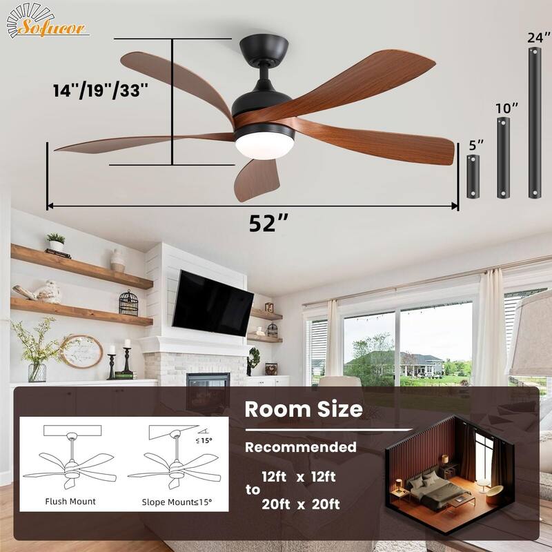 52 Inch Ceiling Fan with Remote & Lights Quiet DC Motor 5 Blade High CFM Modern Fan