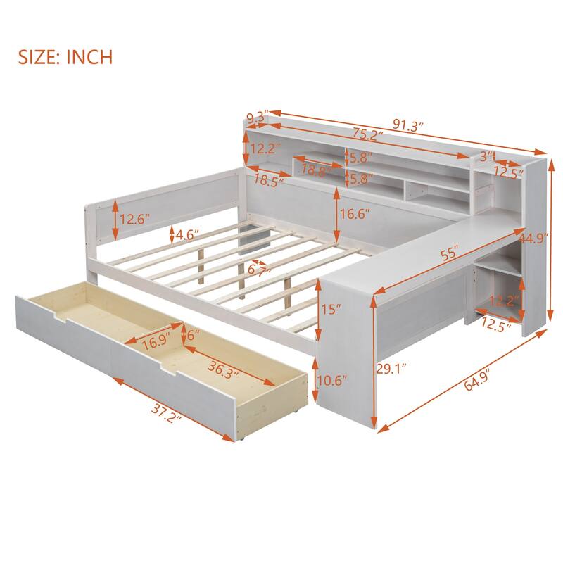 Bed with Two Storage Drawers and Study Desk