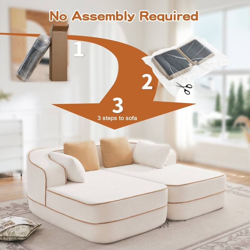 Rossetta 77.2" Modular Symmetrical Sectional Teddy Fabric Boneless Sofa, with Double Chaises