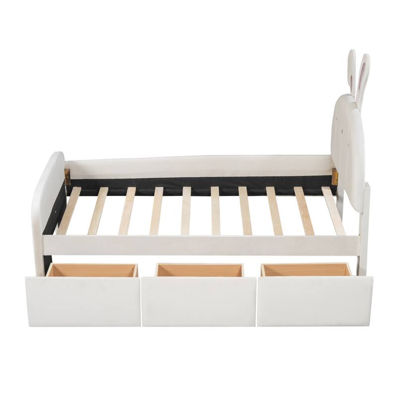 Adorable Velvet Platform Bed for Kids, Bunny Design with Drawers and Bed-End Storage Pockets, Twin/Full