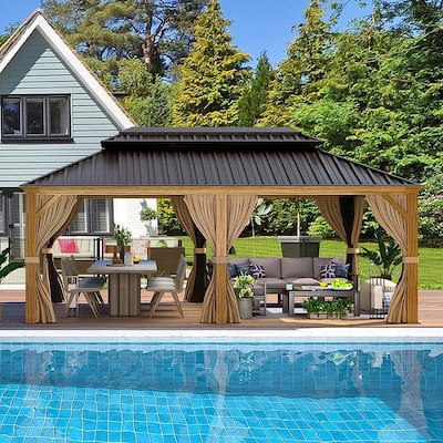 Outdoor Hardtop Gazebo, Wooden Finish Coated Aluminum Frame w Galvanized Steel Double Roof with Premium Curtains and Netting