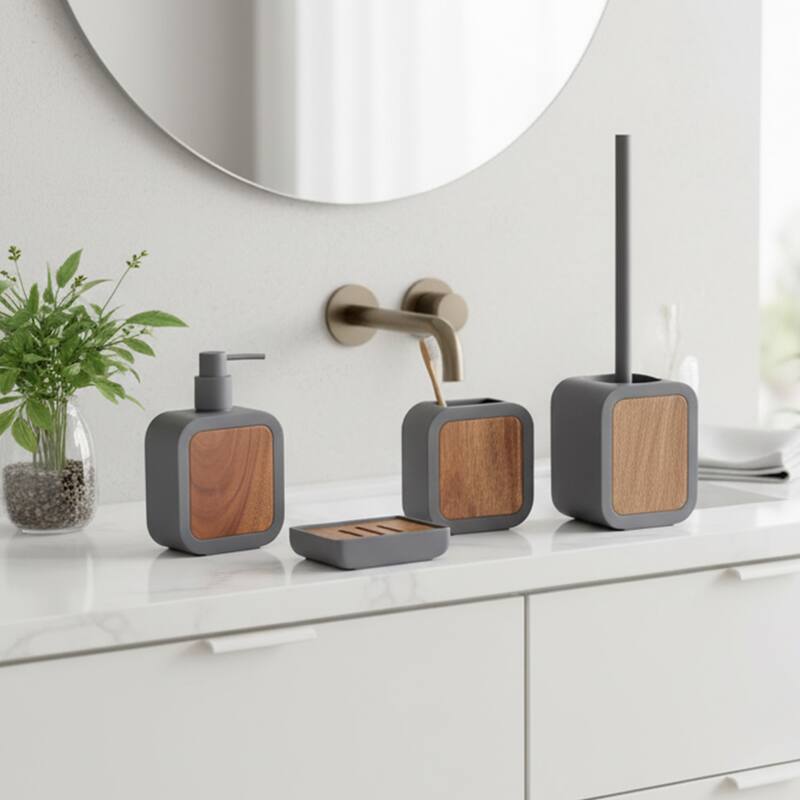 4-Piece Bathroom Accessory Set Rubber and Wood - 4 L x 3.9 W x 15.2 H - Gray/Acacia