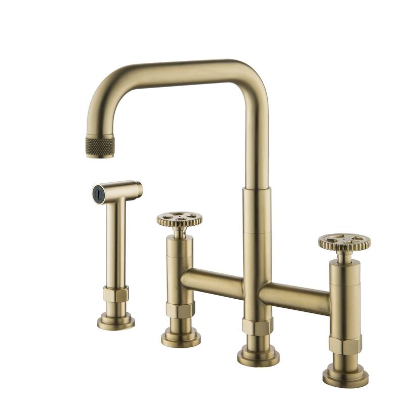 Bridge Double Handles Kitchen Faucet With Side Spray - Yellow