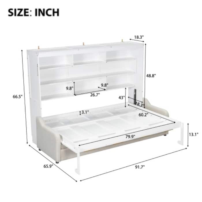 Queen/Full Size Murphy Cabinet Bed - Converts to Folding Sofa with Storage Shelves and LED Lights