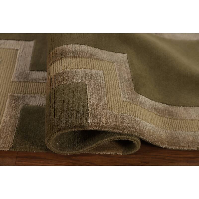 Green Geometric Nepalese Modern Area Rug Hand-Knotted Wool Carpet - 9'0" x 11'9"