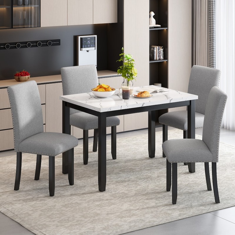 5-Piece Faux Marble Dining Set Table with 4 Thicken Cushion Dining Chairs