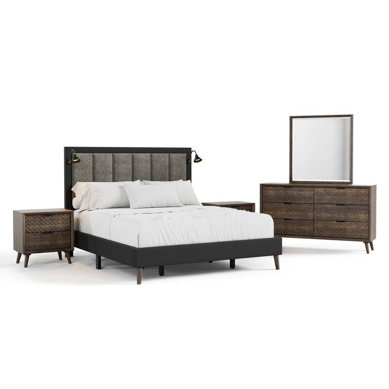 Furniture of America Orelo Modern 5-Piece Dark Brown Panel Bedroom Set with Reading Lights