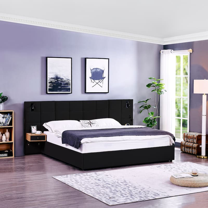 King Size Storage Velvet Upholstered Hydraulic Platform Bed with 2 Shelves, 2 Reading Lamps and USB Port