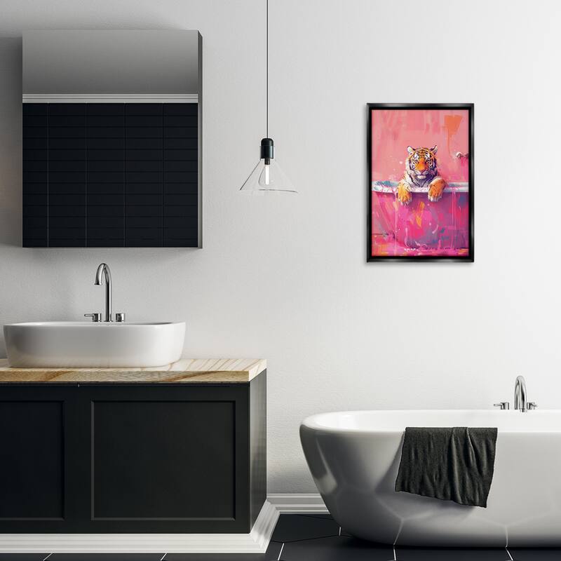 Stupell Bright Bathing Tiger in Tub Framed Floater Canvas Wall Art Design By LSR Design Studio
