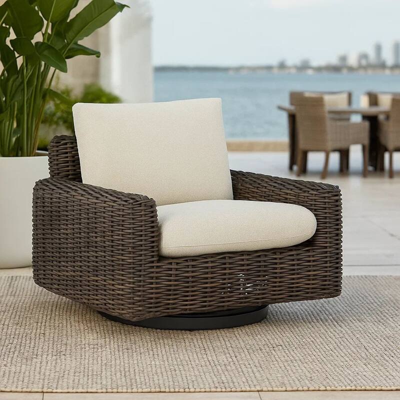 Kimo Outdoor Swivel Glider Lounge Chair, Beige, Dark Brown Metal