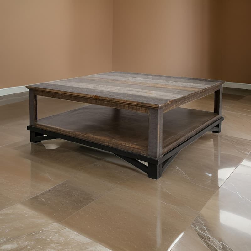Pola 45 Inch Coffee Table, Square Lower Shelf, Transitional Gray Brown Wood