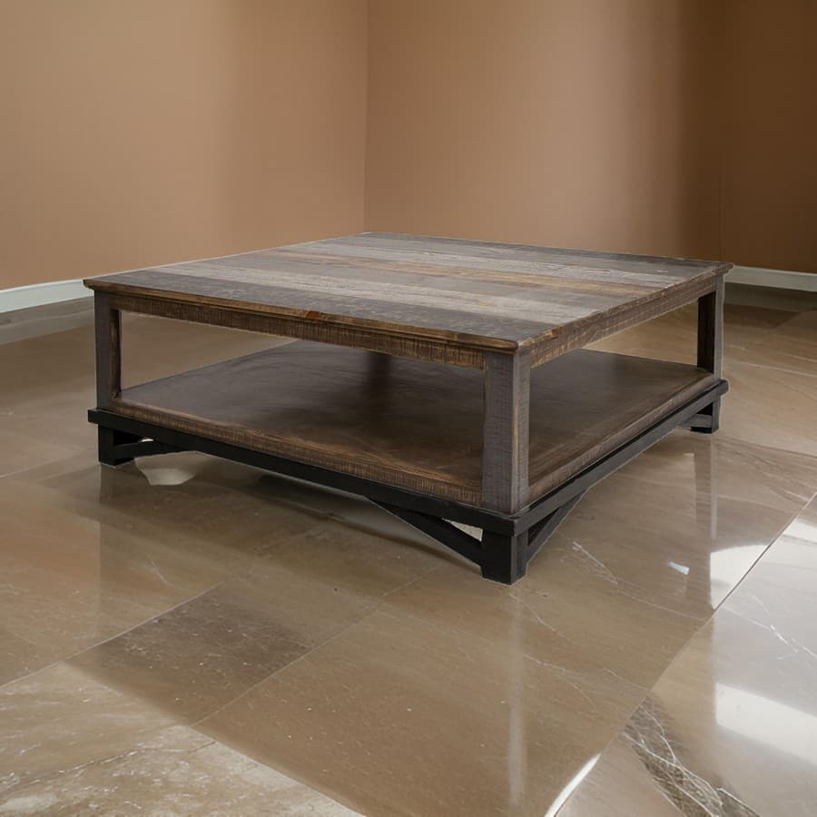 Pola 45 Inch Coffee Table, Square Lower Shelf, Transitional Gray Brown Wood