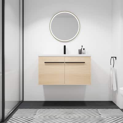 Fully Assembled Black 36 Inch Bathroom Vanity with Ceramic Countertop Sink, Oak 2 Doors Bathroom Cabinet Set