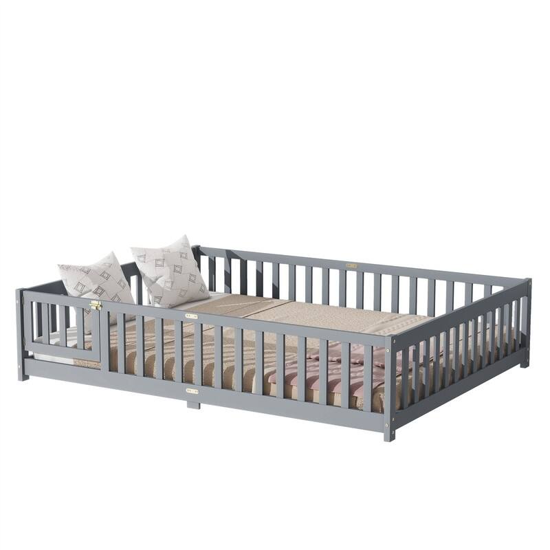 Twin/Full/Queen Size Floor Bed with Fence Guardrails and Door, Rubber Wood Toddler Bed Montessori Bed with Slats Support