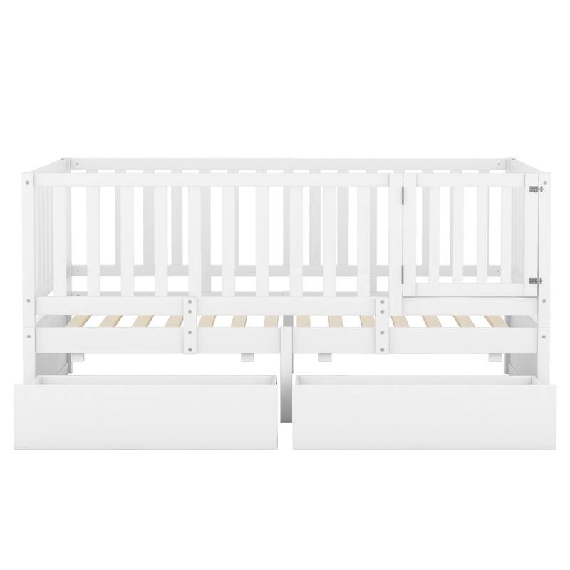 Twin Size Wood Daybed with Fence Guardrails and 2 Drawers