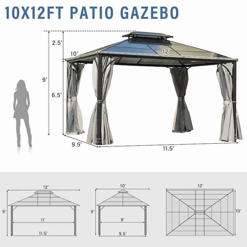 10'x12' Heavy Duty Hardtop Gazebo with Aluminum Frame, Mosquito Netting & Privacy Curtains