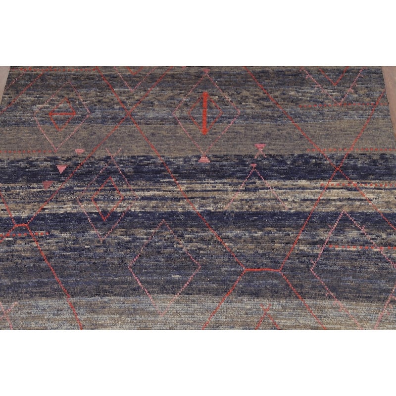 Blue Striped Moroccan Area Rug Hand-Knotted Wool Carpet - 8'2"x 12'3"