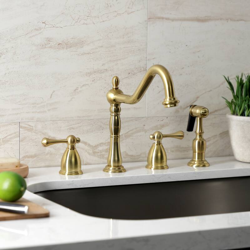 Heritage Deck Mount Widespread Kitchen Faucet with Brass Sprayer