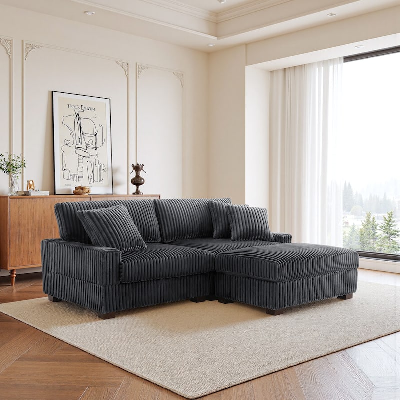 79" W Upholstered Plush Corduroy Sectional Modular Sofa with Ottoman