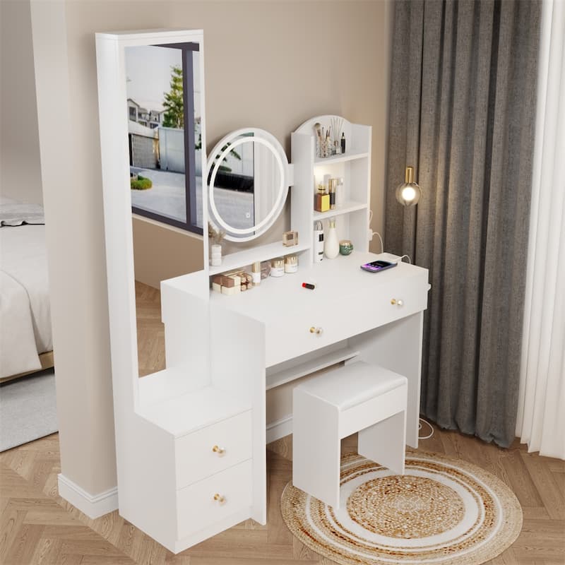 Full Mirror Cabinet + Round Mirror LED Vanity Table + Cushioned Stool