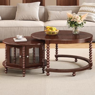 Vintage Round Nesting Table with Glass Doors, Bamboo Style Coffee Table with Beaded Legs, Walnut Finish