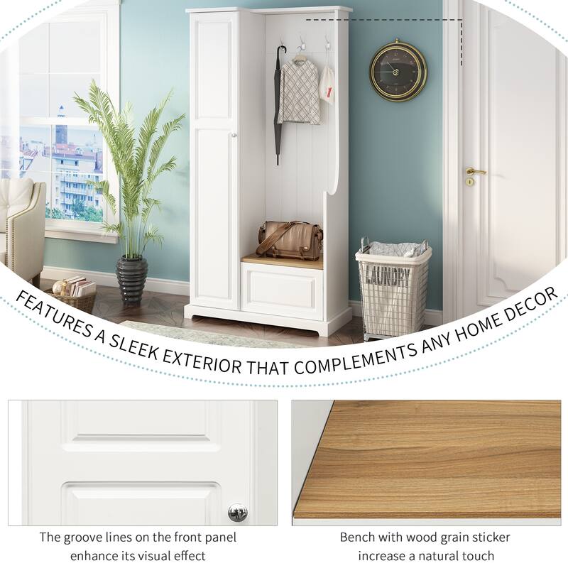 Hall Tree with Flip-Up Storage Bench, Entryway Cabinet with Adjustable Shelves, Coat Hooks, Wood Shoe Cabinet for Hallway