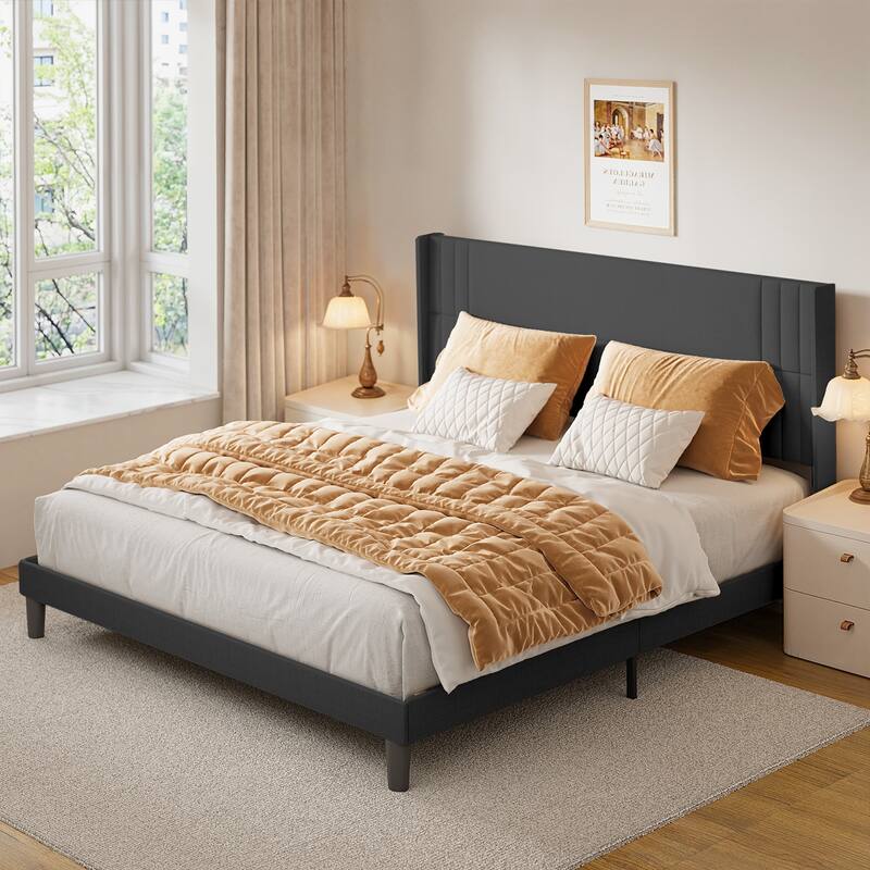 Twin/Full/Queen/King Bed Frame with Wingback Headboard, Upholstered Platform Bed - Dark Grey - King